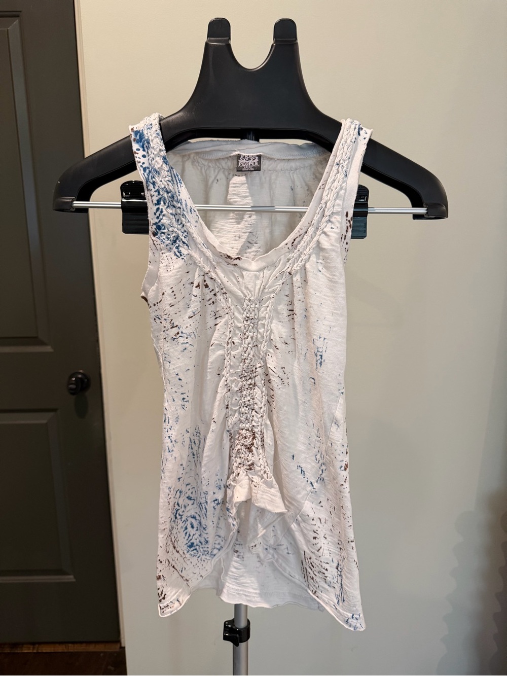 Free People White Blue Brown Distressed Boho Tank Top Size Small